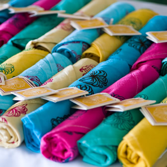 hand-dyed, silk-screened tea towel favors with cards