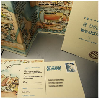 complete travelogue invitation:watercolor, screen-print, cotton rag paper, japanese accordian fold