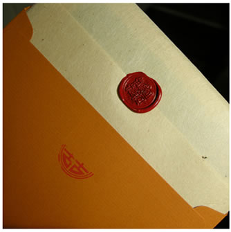 travel brochure:japanese washi paper, double happiness wax seal, recycled envelope